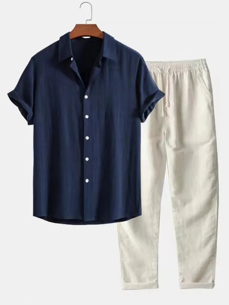 Men's casual loose multi-color beachwear cotton and linen short sleeve suit two-piece set in Beige