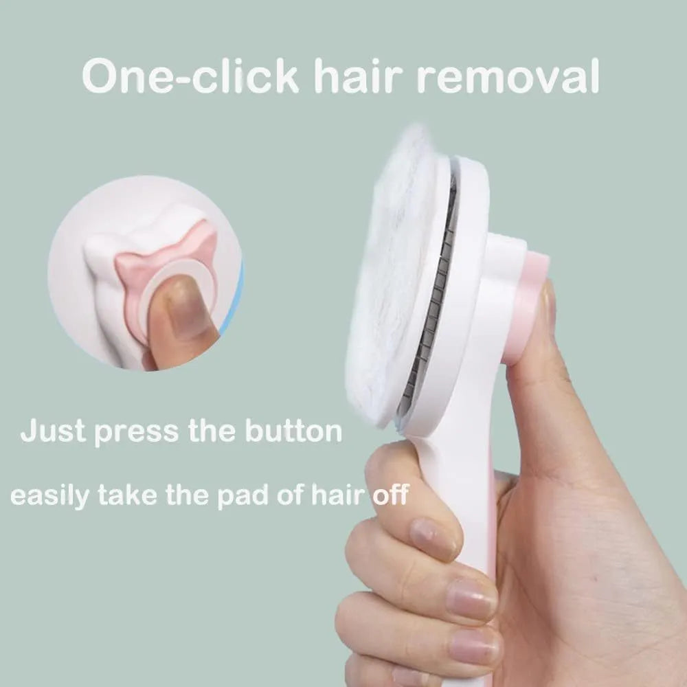 Blue self-cleaning cat and dog grooming brush with rubber-tipped pins and a non-slip rubber handle.