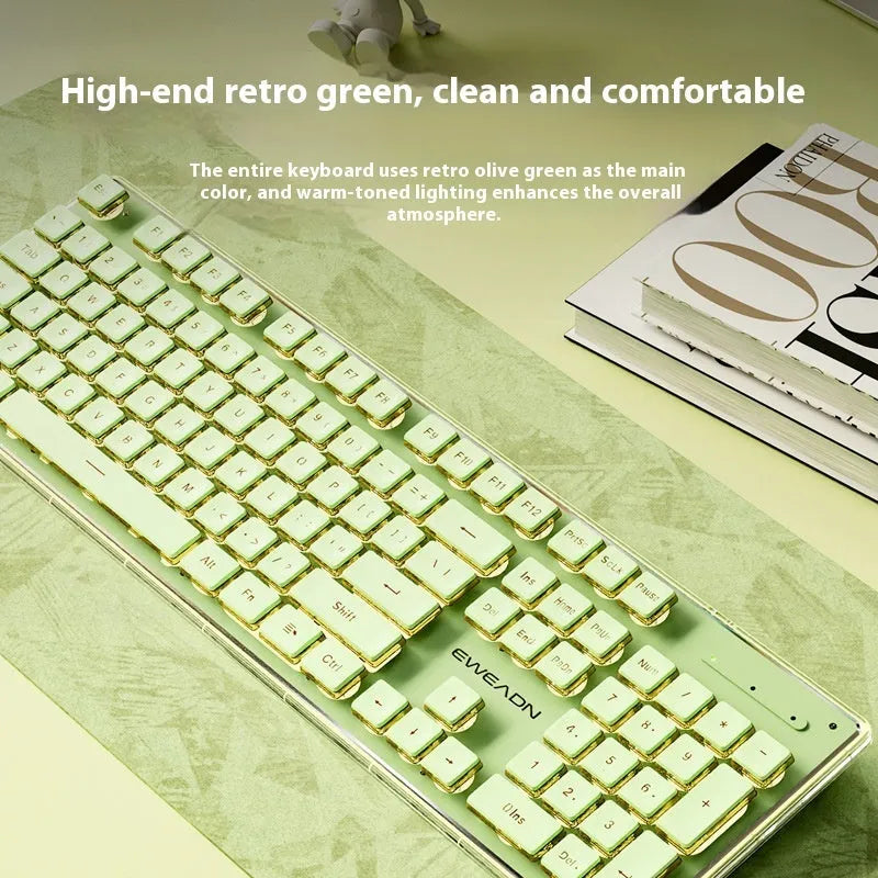 Prewalker V3 mechanical feel keyboard and mouse set in retro green colour on a desk.