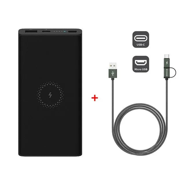 White and black 10000mAh power bank with USB Type-C and wireless charging
