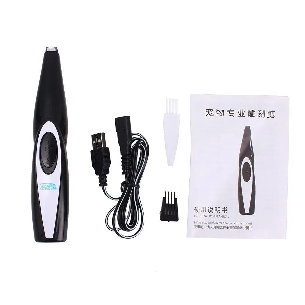 Black pet hair clippers with ceramic blade and USB charging, ABS plastic body, 300mA current.