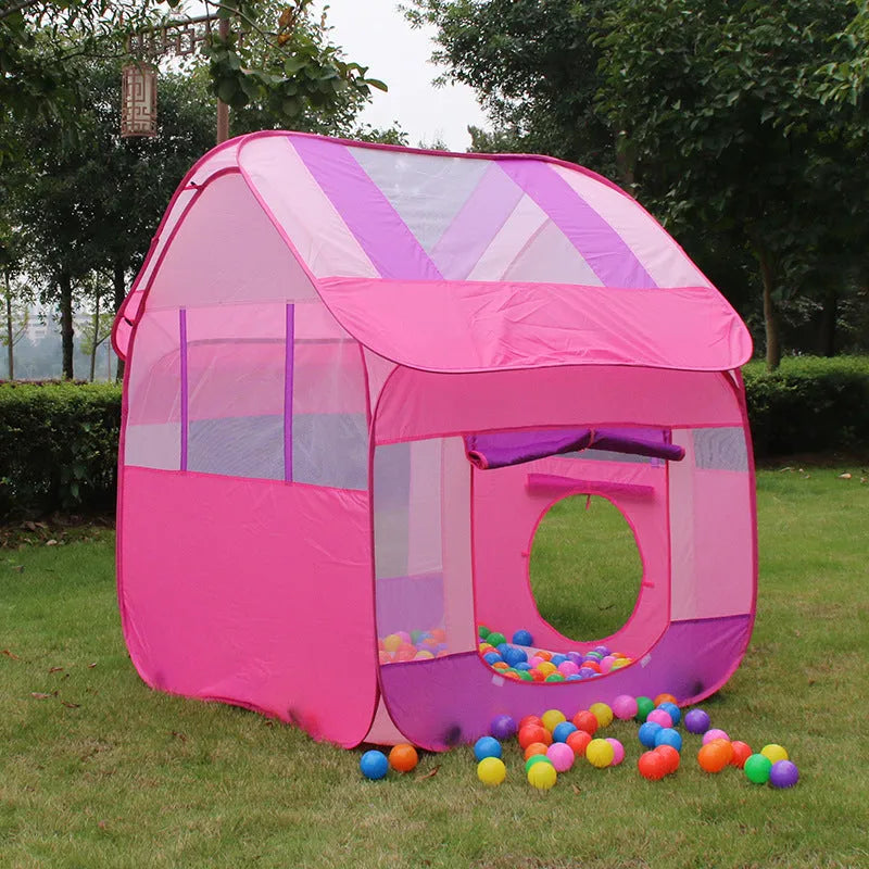 Large blue outdoor children's play tent with roll-up mosquito curtain in a garden setting