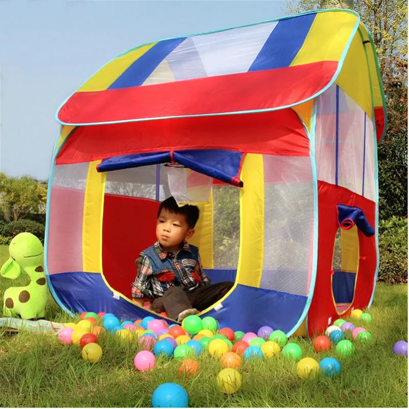 Large blue outdoor children's play tent with roll-up mosquito curtain in a garden setting