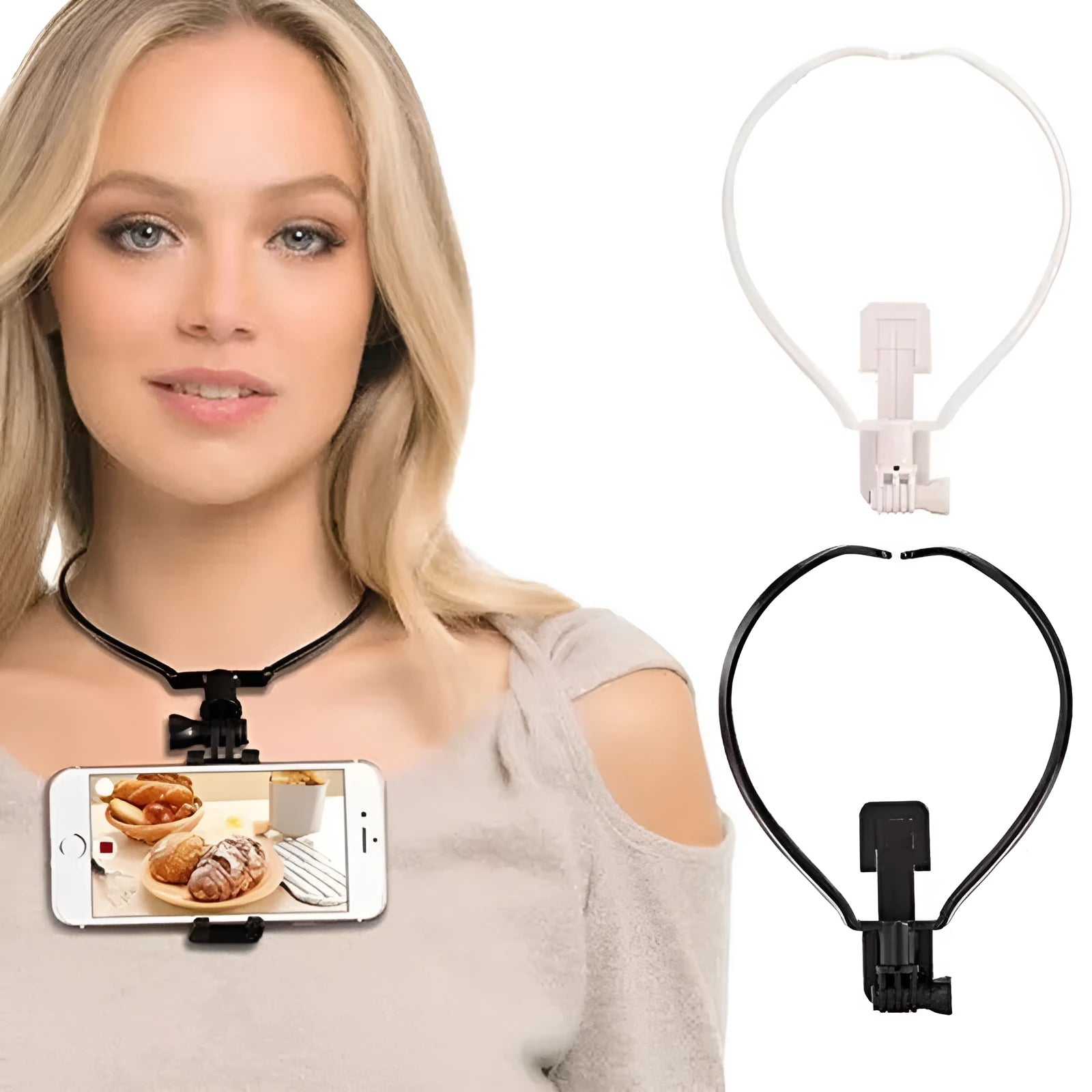 Black wearable neck phone holder with smartphone attached, showing 180-degree adjustment angle