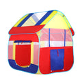 Large blue outdoor children's play tent with roll-up mosquito curtain in a garden setting