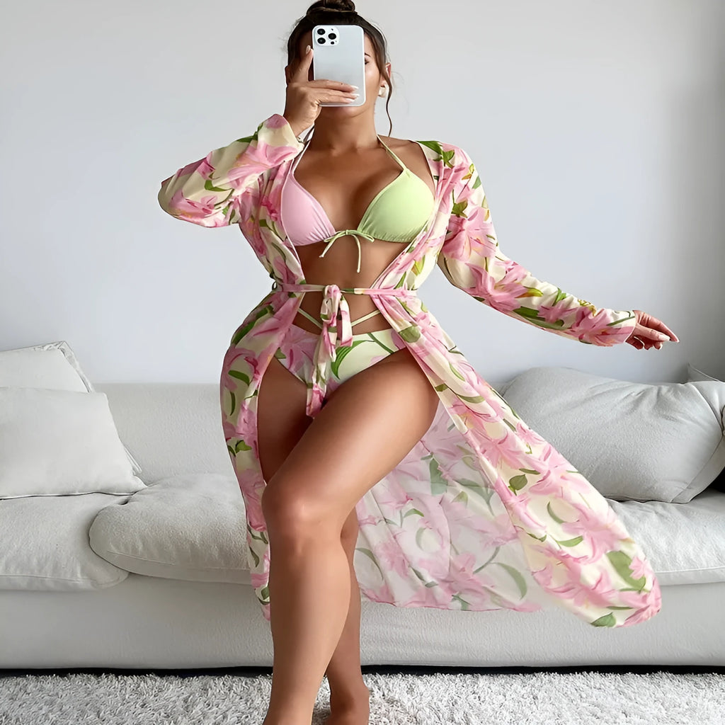 Women's quick-dry polyester bikini swimsuit in a European American print style, sizes S M L XL
