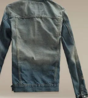 Men's blue denim jacket with five pockets, full button front, and shirt collar on a man