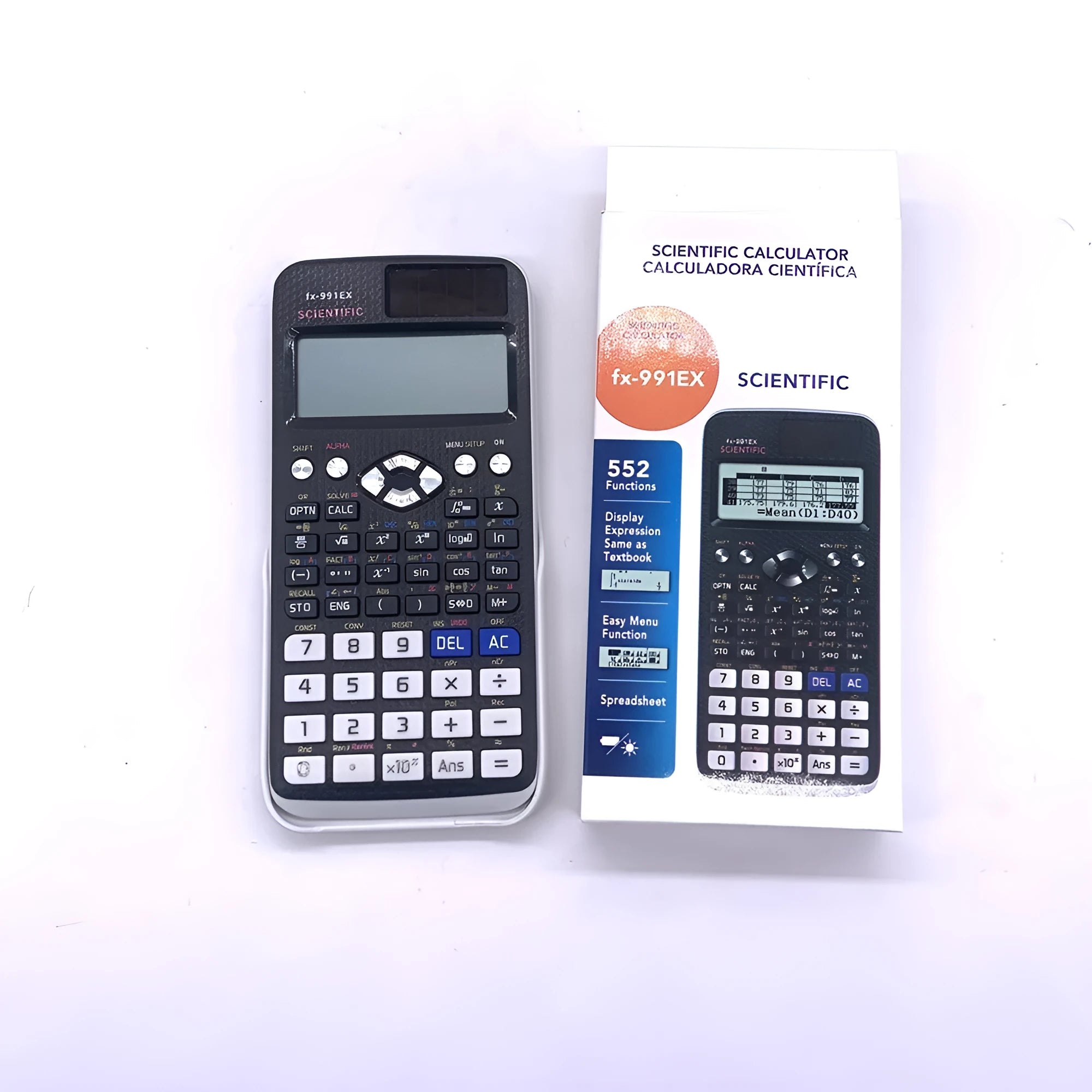 991EX solar-powered scientific calculator in black, blue, or pink colours