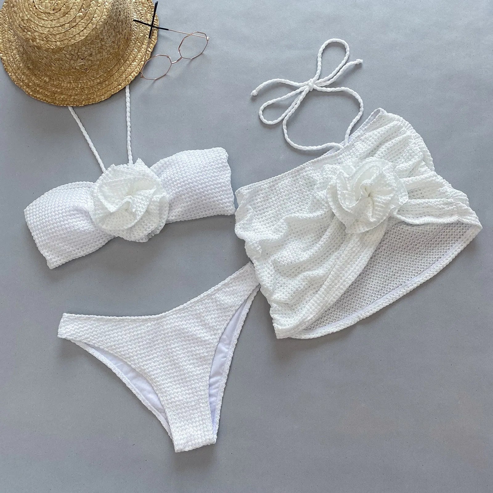 Women's purple and white 3D flower split bikini set with bra, panties, and skirt