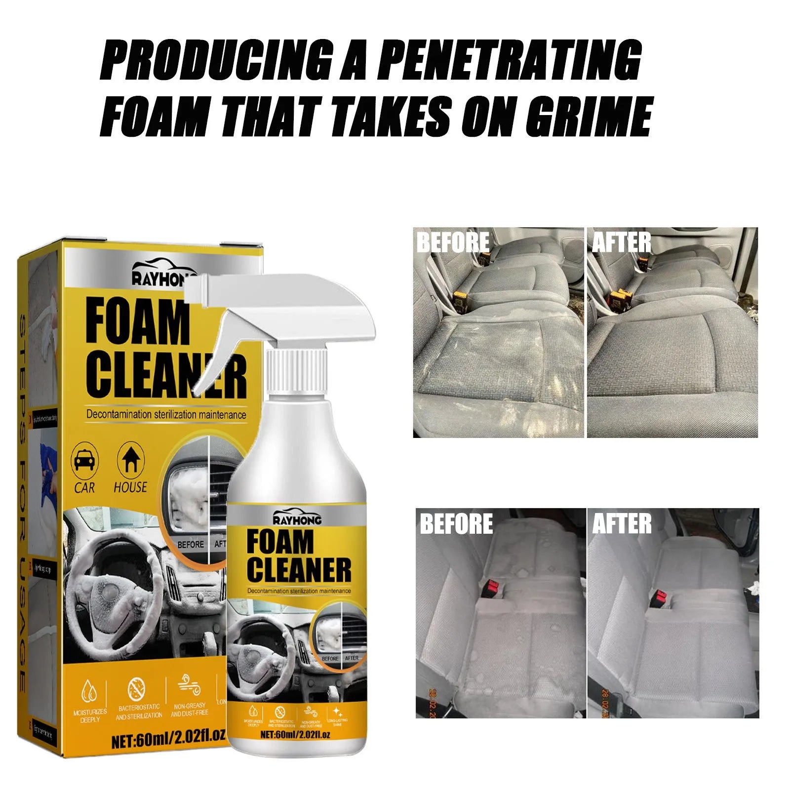 60ml car interior wash-free foamed cleaner spray bottle with a 10cm by 10cm white sponge applicator
