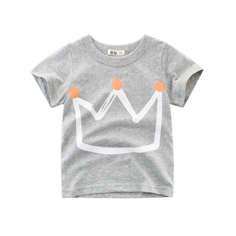 Boys' royal blue short sleeve cotton t-shirt laid flat, showing Korean style design.