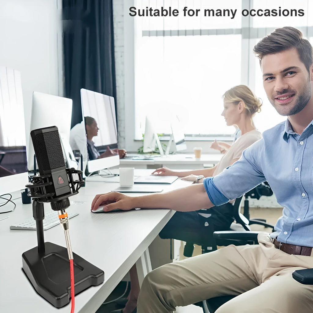 Black condenser wired noise cancelling microphone with shockproof mounting for recording and live streaming