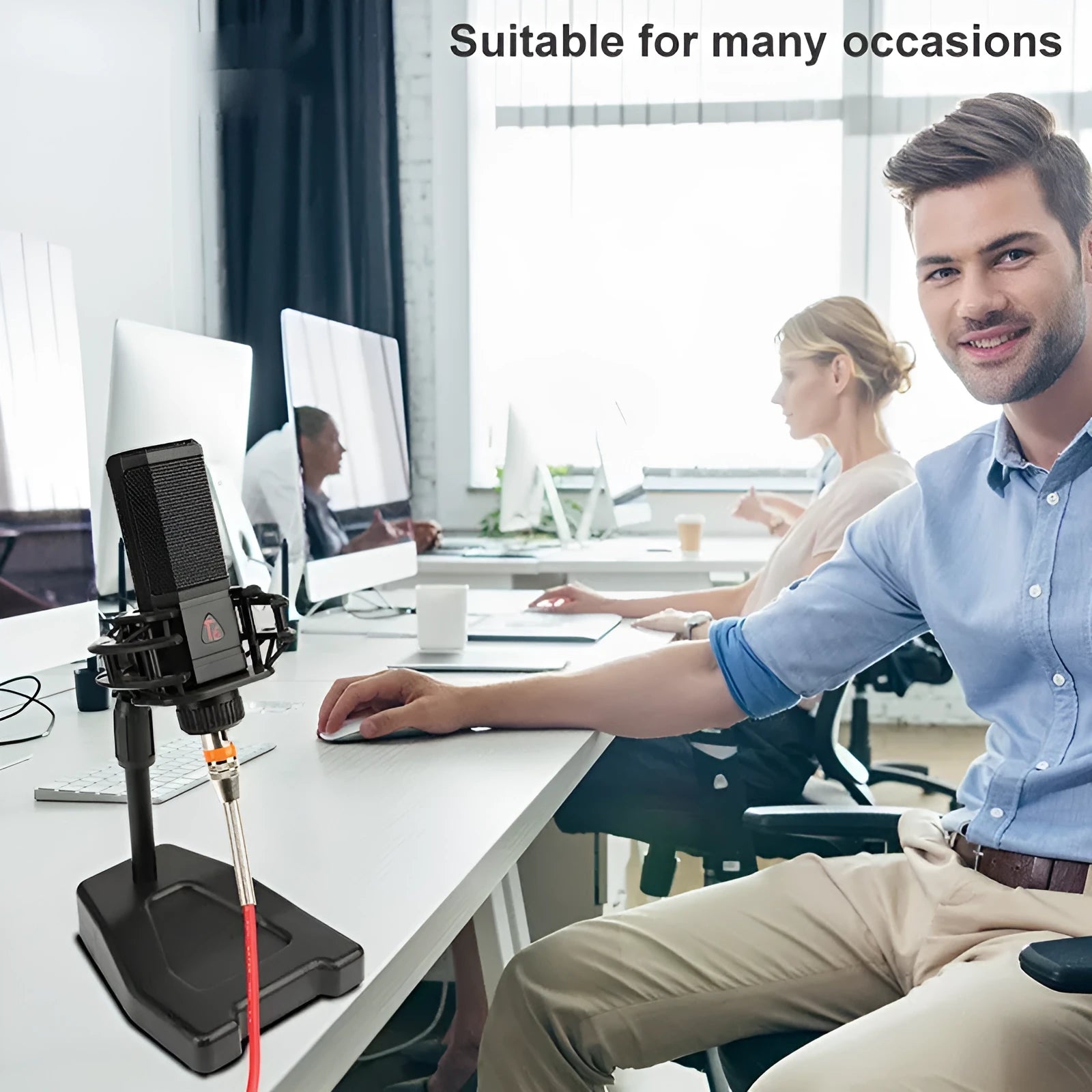 Black condenser wired noise cancelling microphone with shockproof mounting for recording and live streaming