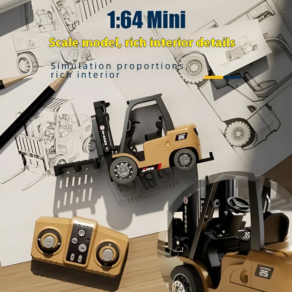 1:64 scale mini alloy forklift remote control car with Bluetooth dual-mode operation and cargo accessories