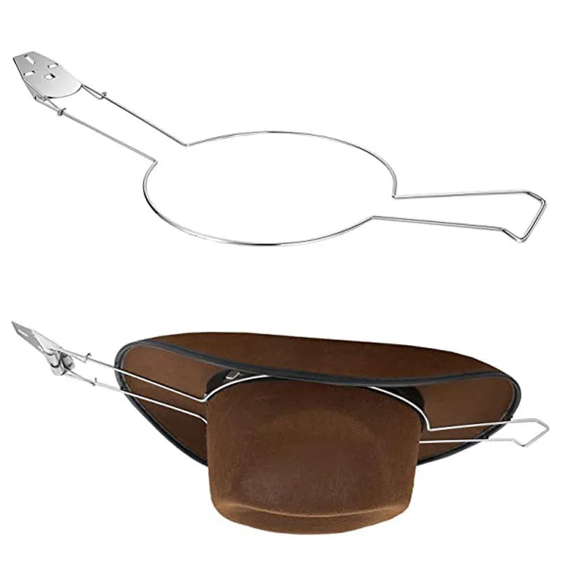 Brown chrome-plated metal freestanding hat and coat stand with multiple hooks.