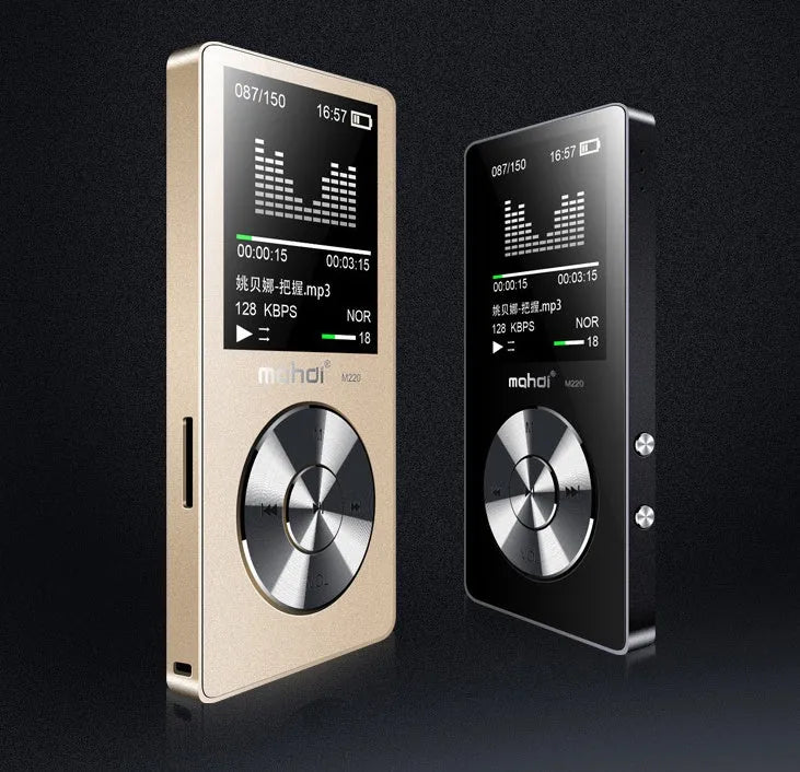 Gold coloured portable metal MP3 music player with screen and control buttons, shown next to headphones.