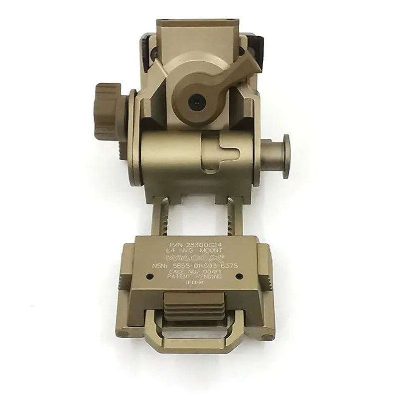 CNC aluminium dumper bracket for tactical helmet in black, brown, and silver finishes next to a helmet rail.