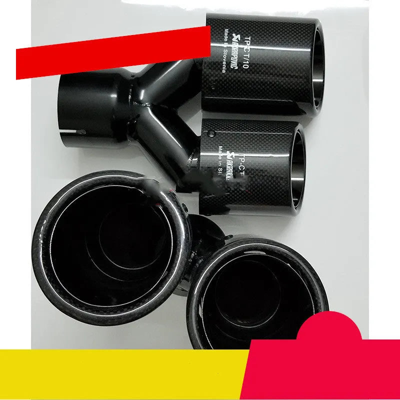 Car modified muffler double outlet bright black exhaust pipe tail throat with carbon fibre trim on car rear