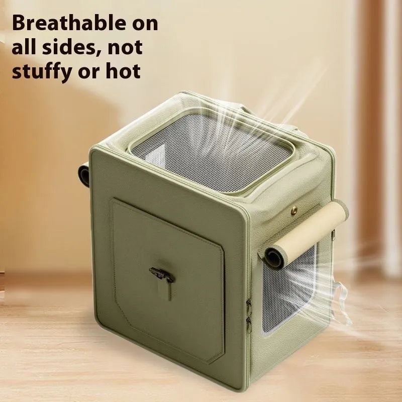 Large capacity foldable pet carrier trolley case in army green with pull rod, hard PU shell, breathable fabric, for cat travel