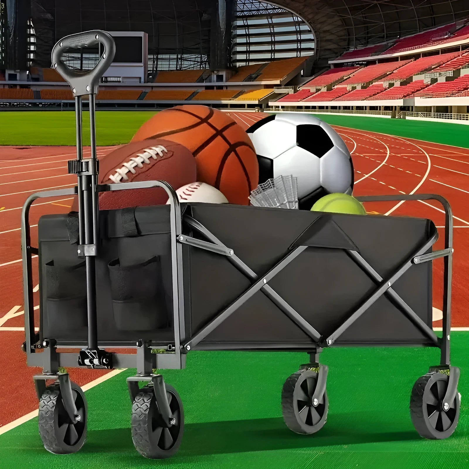 Collapsible heavy-duty metal garden wagon cart with storage box, shown folded and open.