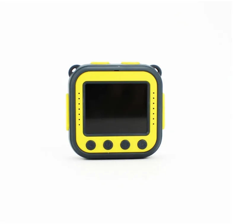 Yellow children's waterproof sports camera with 1.77-inch screen showing video playback