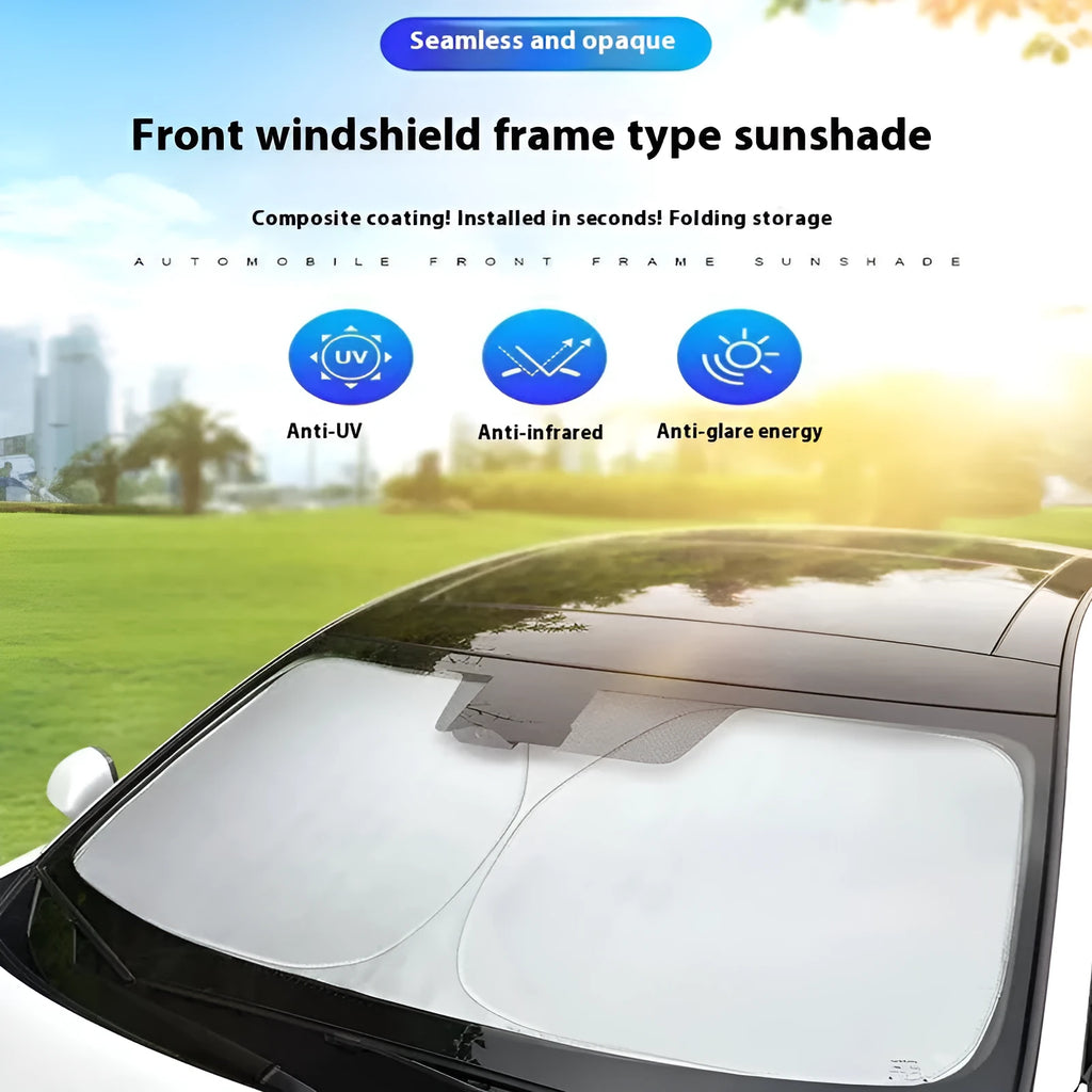 Aluminium foil car sunshade in titanium silver, shown in a rectangular shape for windscreen coverage.