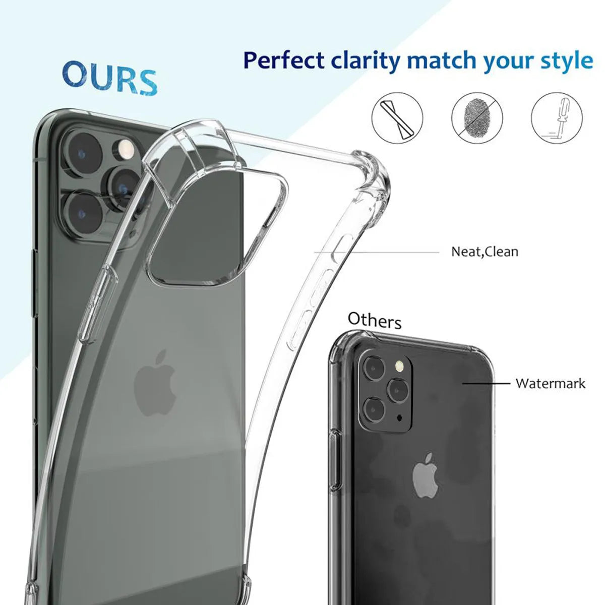 Clear transparent TPU shockproof phone case for Apple iPhone showing back and side protection