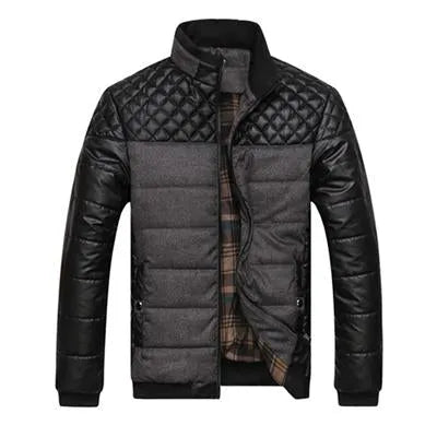 Men's winter jacket 4XL PU patchwork self-cultivation collar cotton broadcloth slim fit zipper closure blue colour