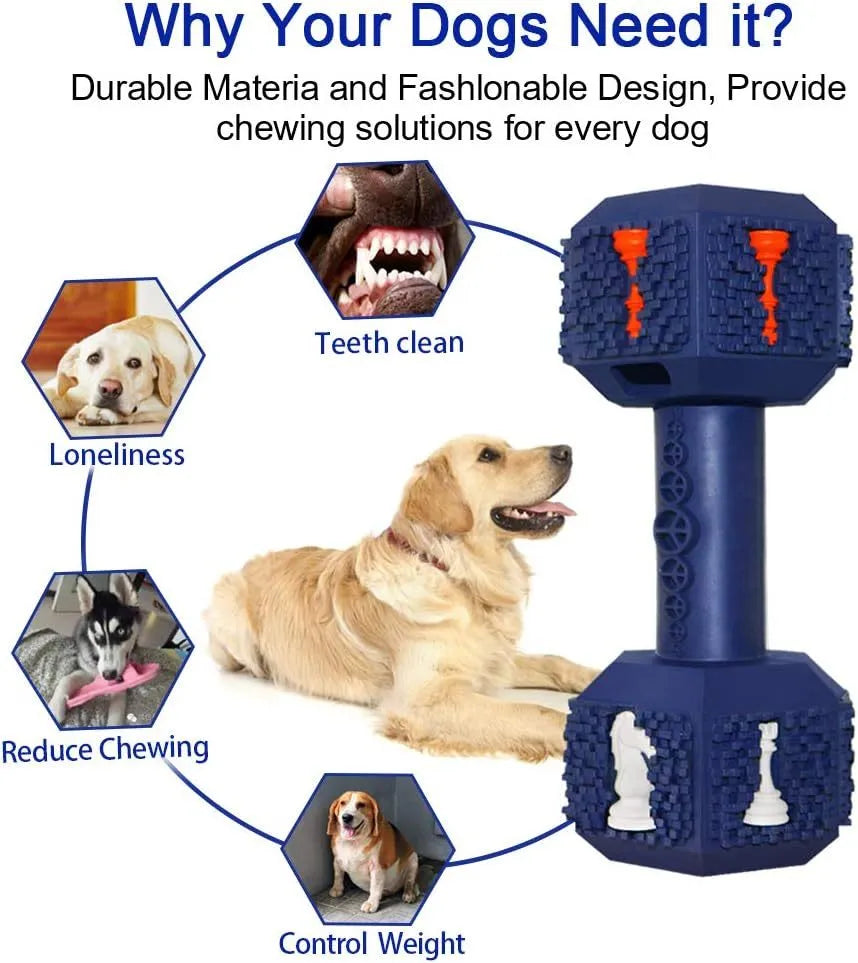 Blue rubber dumbbell dog chew toy with textured surface and hollow ends for treats.