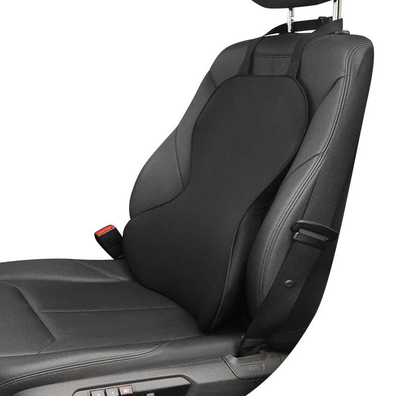 Memory foam car lumbar support cushion in a solid colour on a car seat