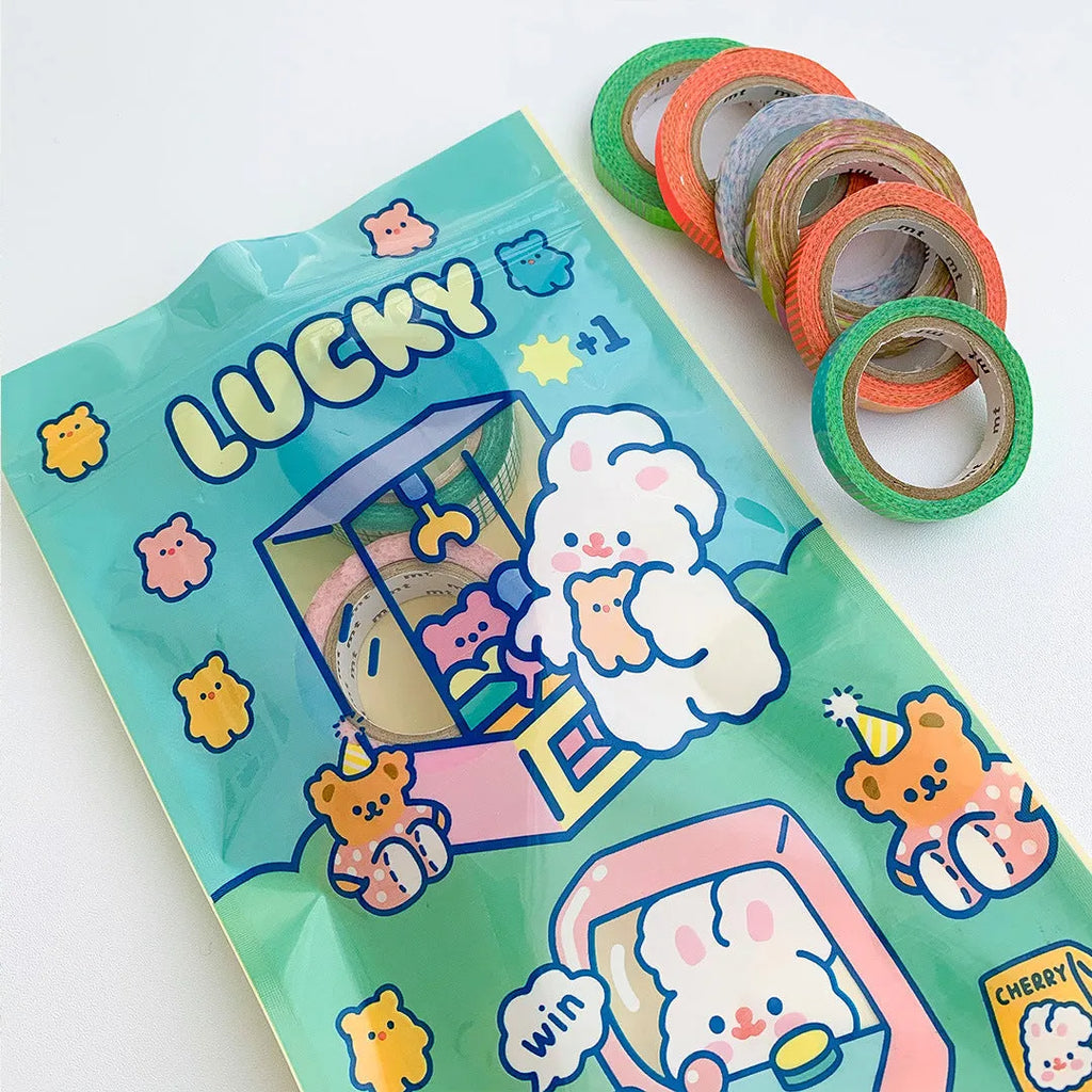 Cute rabbit theme packaging bags in green blue purple pink with four rabbit designs