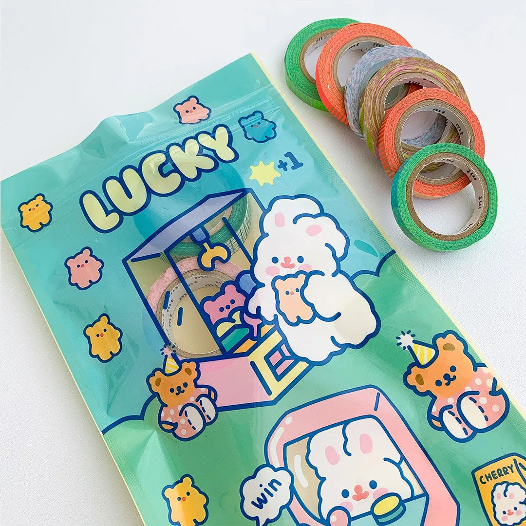 Cute rabbit theme packaging bags in green blue purple pink with four rabbit designs