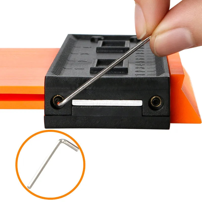 Orange 10-inch contour gauge with plastic teeth pressed against a pipe, creating a template for marking cuts
