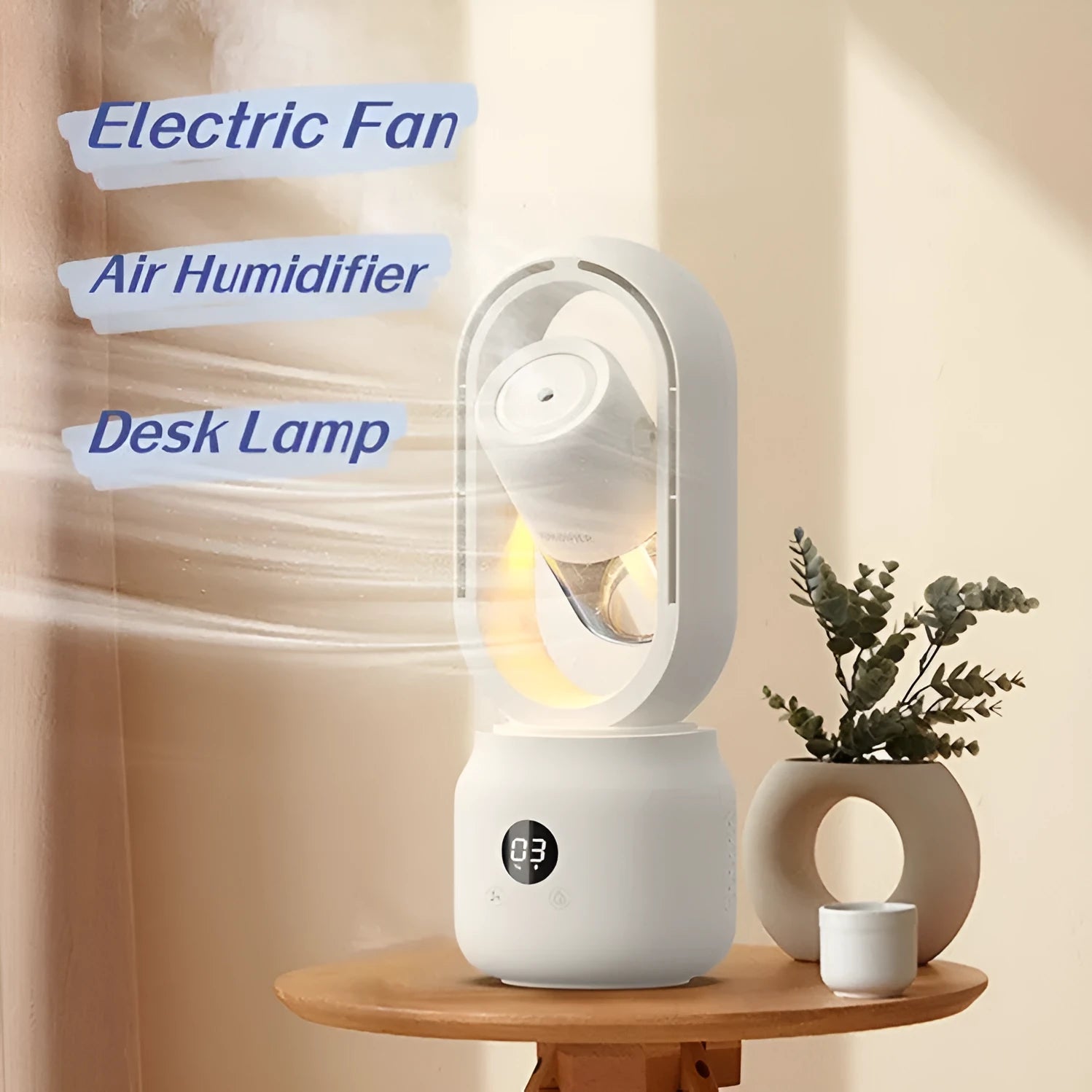 White bladeless USB rechargeable table fan with water tank and digital controls on a desk