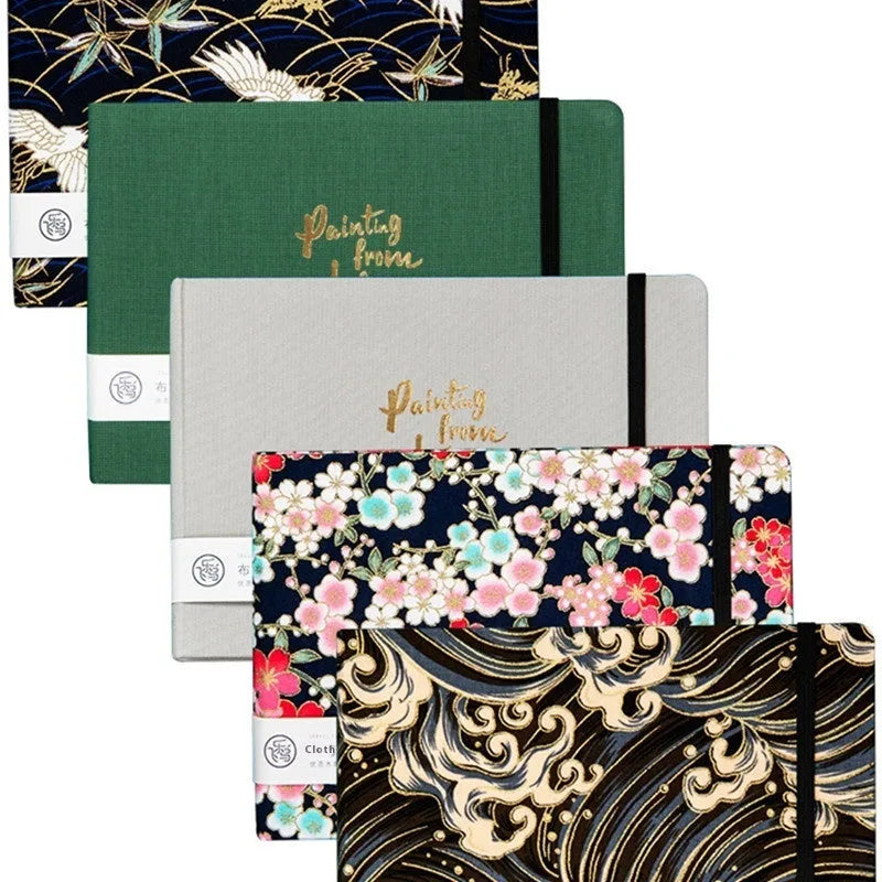 Feiluniao handmade watercolour notebook with fabric cover showing floral design, 185mm length