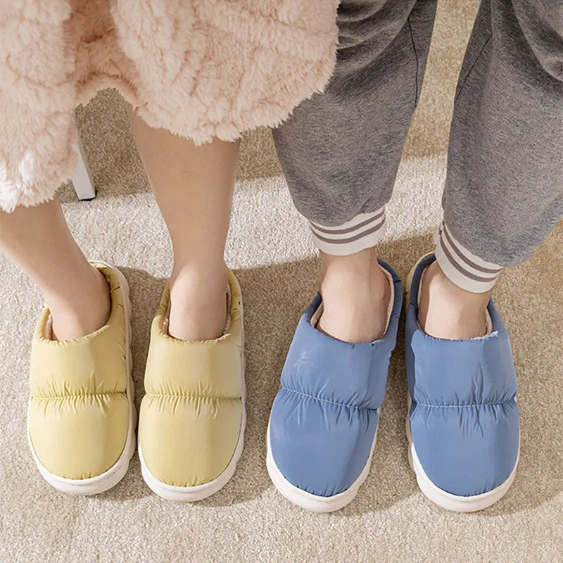 Down cotton slippers with artificial leather upper and rubber sole in blue colour