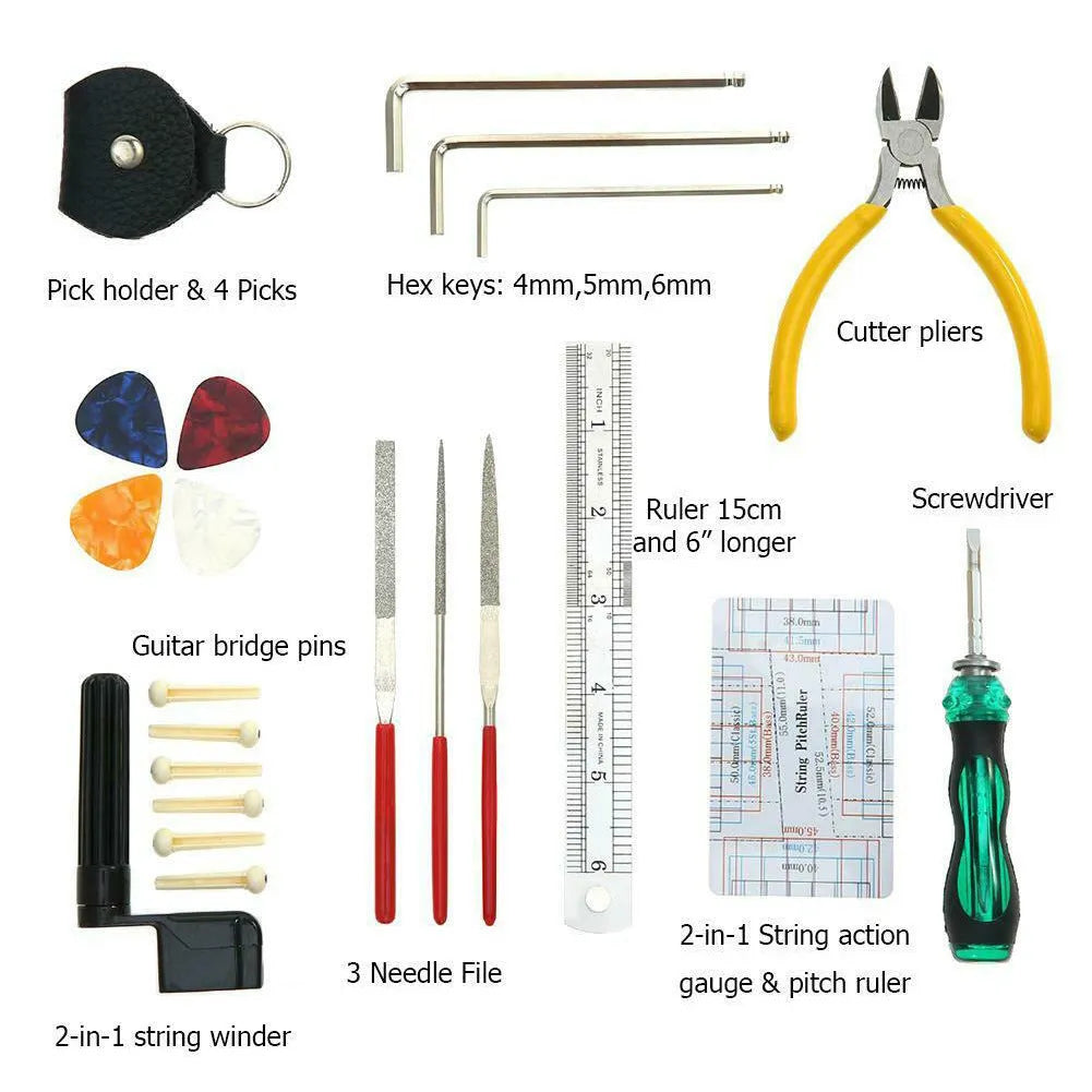 Black plastic case of a guitar repair tool kit for guitar, bass, mandolin, and banjo maintenance.