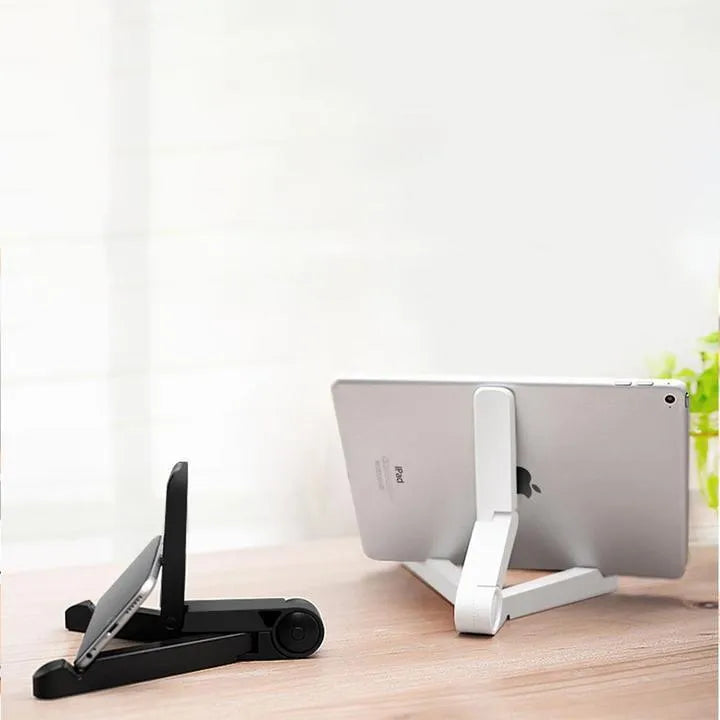 Black foldable tablet holder standing upright holding a tablet, shown next to its folded flat profile.