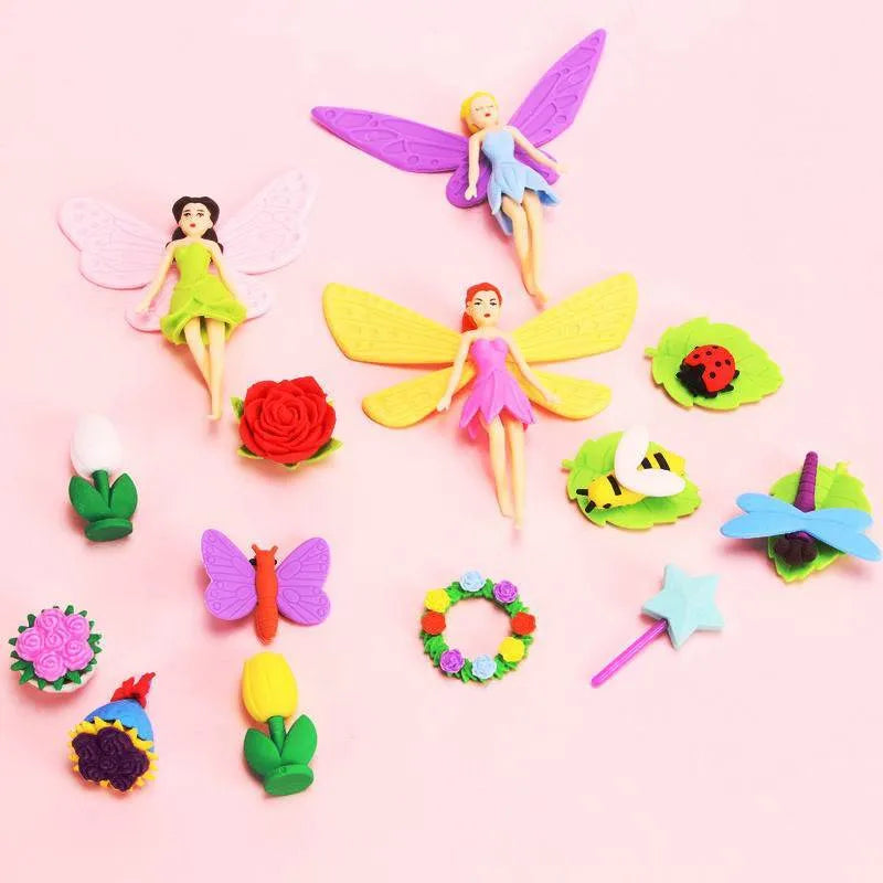 Flower Fairy eraser suit box containing 12 character-themed TPR rubber erasers for stationery modification
