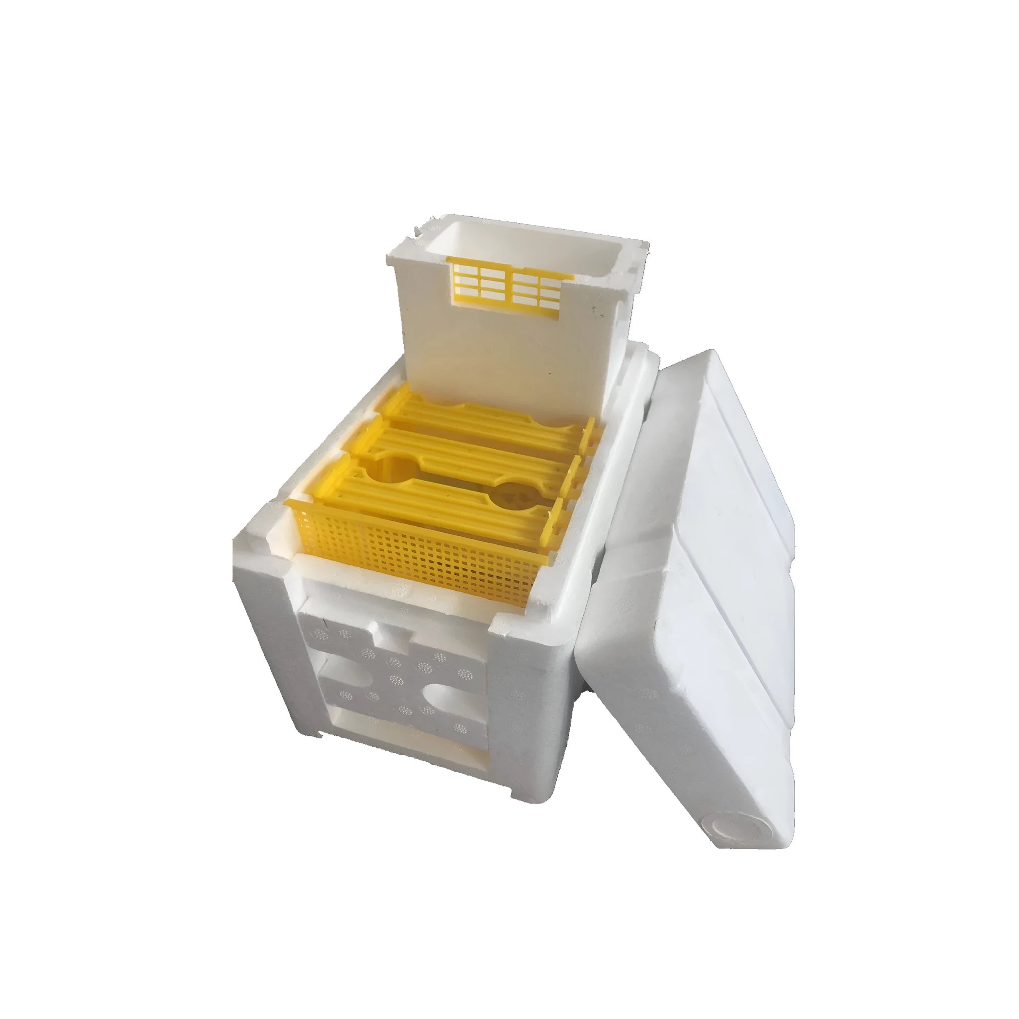 Three white EPS foam bee breeding boxes for hive mating and pollination.