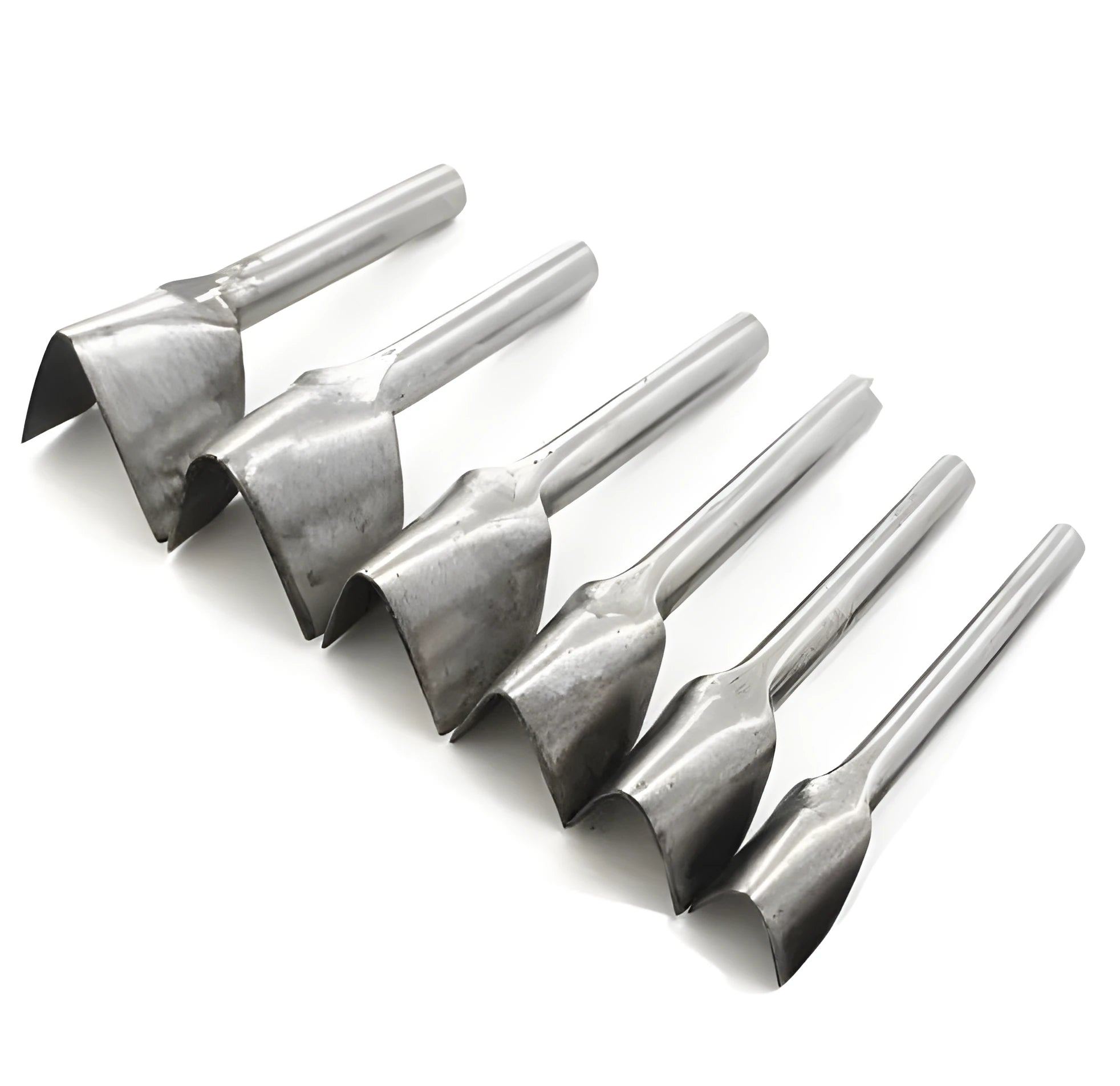 Set of six steel leather punch tools showing half-round and V-shaped cutting edges in sizes from 15mm to 40mm