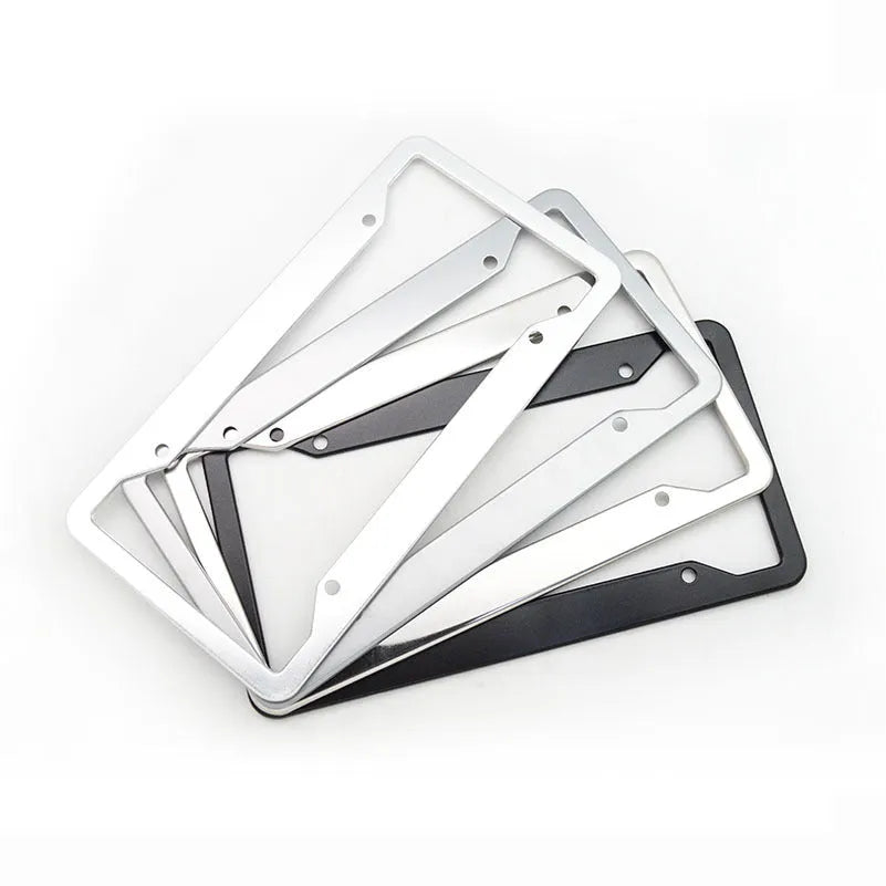 Aluminium alloy and stainless steel license plate frame in black, shown from the front.