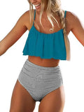 Striped ruffled bikini swimsuit in solid colours with backless briefs and European styling