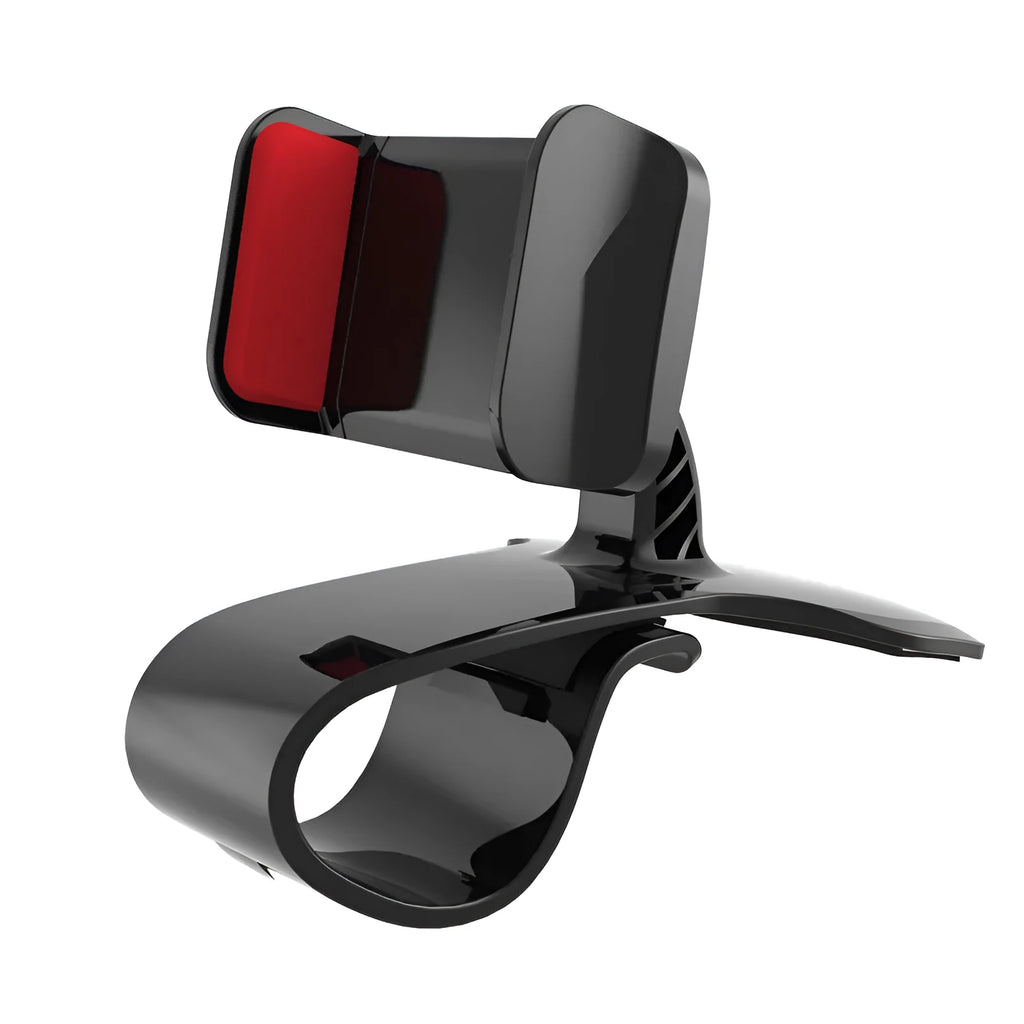 A black ABS plastic and silicone dashboard edge car phone holder mounted on a car dashboard.