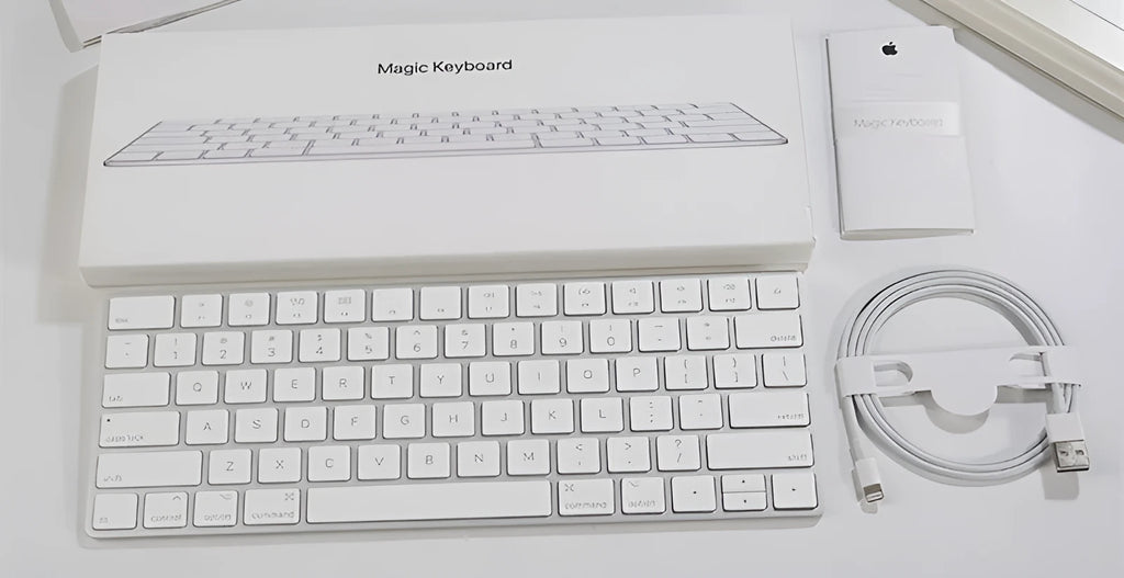 Brand new white Apple Bluetooth G6 wireless keyboard with multimedia keys in metal box.