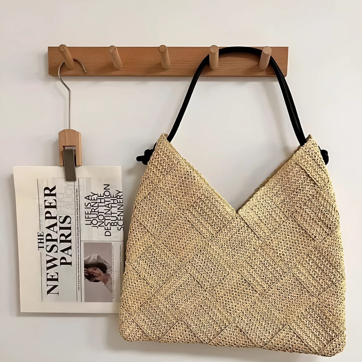 Women's casual hollow shoulder woven bag heart shape straw beige colour with weave texture