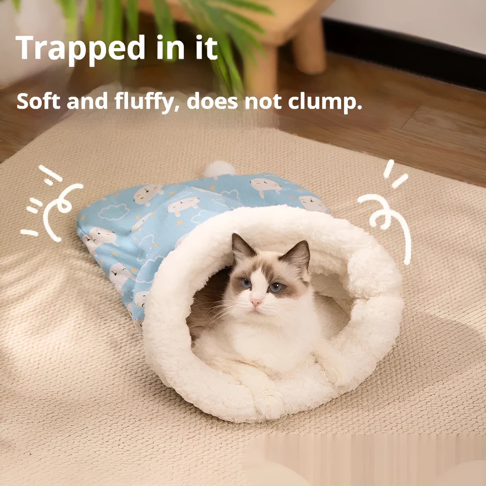 Pink trojan and blue rabbit print flannel cat sleeping bag nest, 50cm by 40cm.