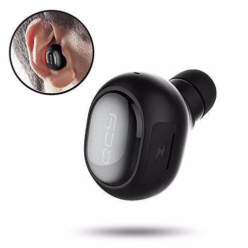 QCY Q26 Bluetooth headset in black, single-ear in-ear design with USB charging cable