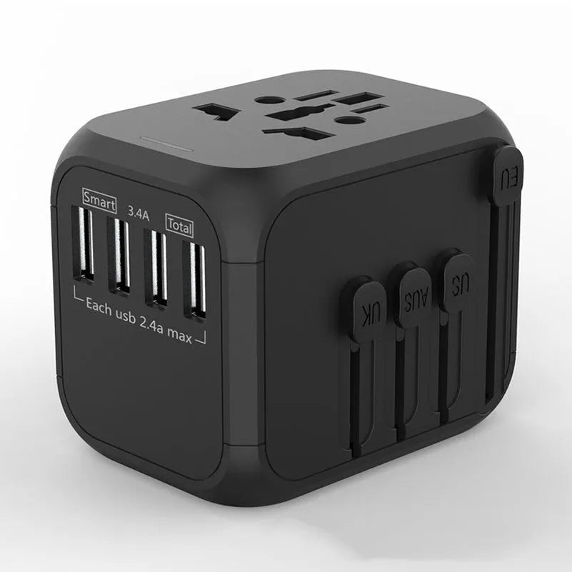Black UK to EU conversion plug with six holes for multiple device charging