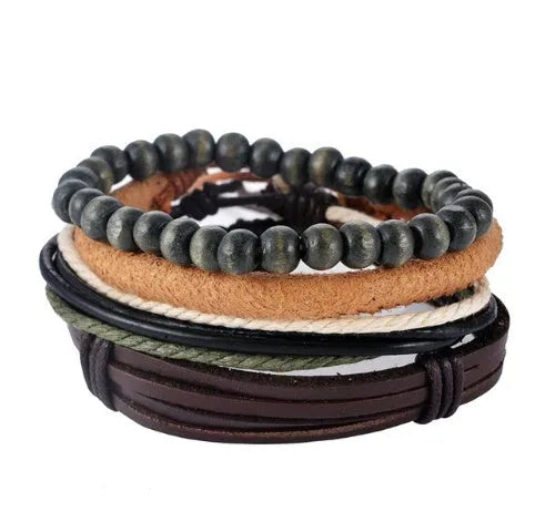 Hand-woven leather bead bracelet with wooden beads and adjustable wrap design